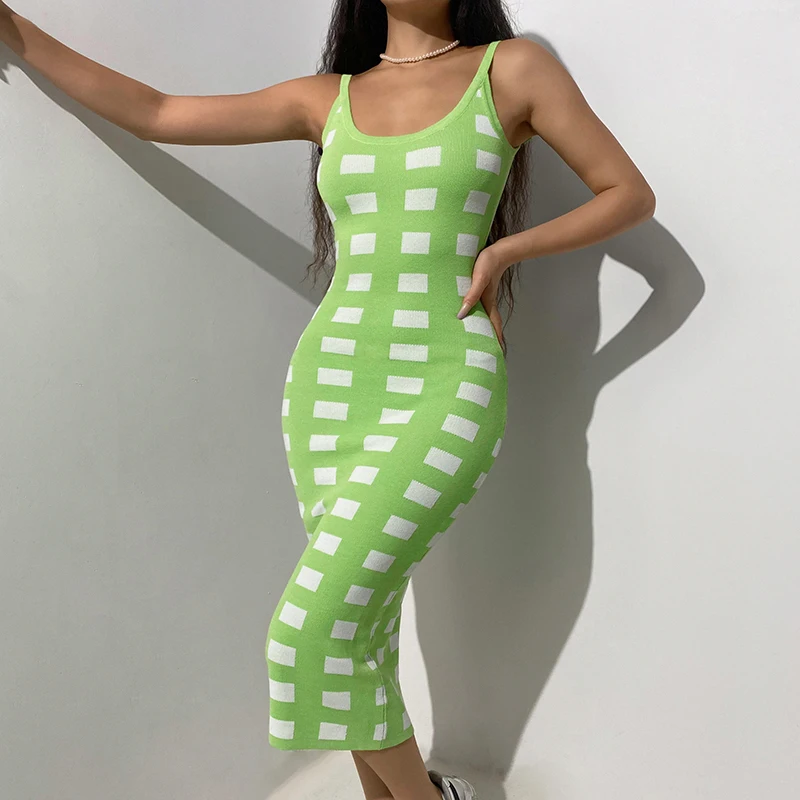 

SUCHCUTE Plaid Print Knitting Women Dress Sleeveless Sexy Backless Aesthetic Y2K Elagant Long Dresses Vintage Slim Streetwear