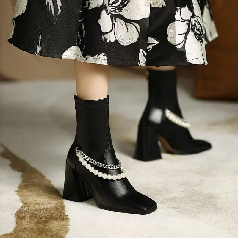 

ZawsThia Elegant Ladies Wedding Shoes Winter Fall Ankle Stretch Socks Booties Chunky High Heels Boots With Pearls Metal Chain