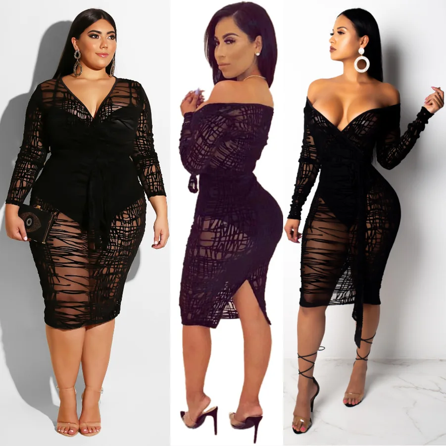 

Women's Sexy Bodycon Dress Long Sleeved Lace Perspective Hip Wrap Skirt Fashion Nightclub Large Midi Dress 2021