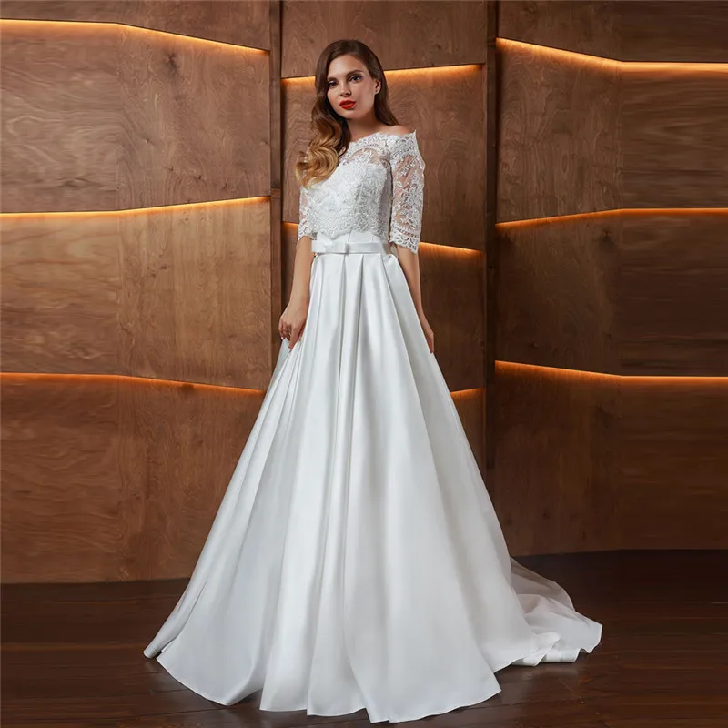 

Strapless A-Line Wedding Dress Satin Lace Up Corset With Removable Lace Jacket 2 In I Bridal Gowns 2021 Princess White Vestidos