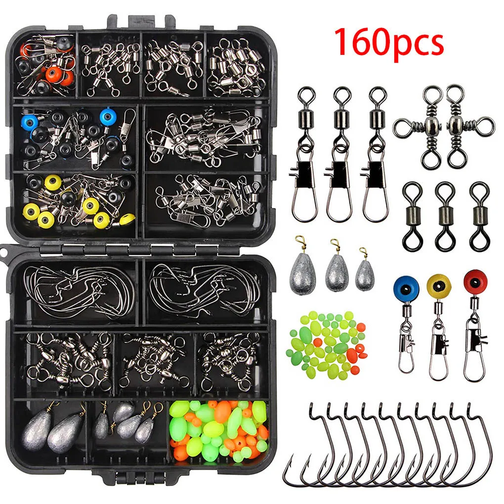 

160Pcs Fishing Tackles Set Jig Hooks Beads Sinkers Weight Swivels Snaps Sliders Kit Angling Accessories