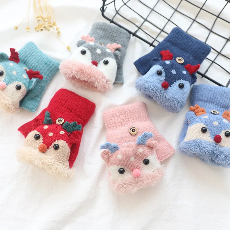 От 4 до 8 лет зимние детские вязаные перчатки с рисунком лося открытыми пальцами