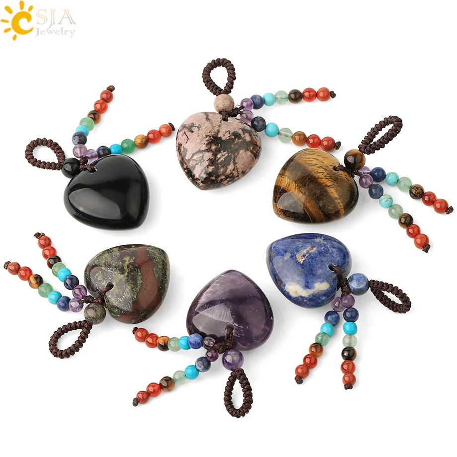 CSJA Natural Stone Heart Pendants 4mm Reiki 7 Chakra Bead Tassel Charm Healing Pink Quartz Crystal Black Necklace Women Men G536 | Украшения