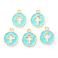 100pcs light gold plated alloy enamel pendants flated round with cross charm pendant for women jewelry making diy necklace