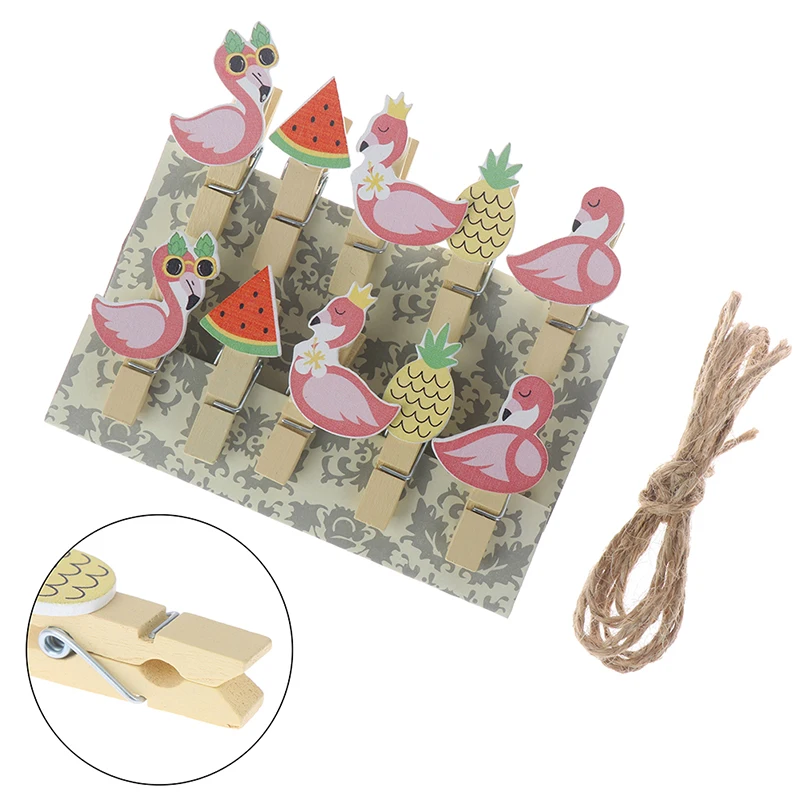 

Flamingos Wooden Clip Photo Wall Clip With Rope School Supply Decor 10pcs /set