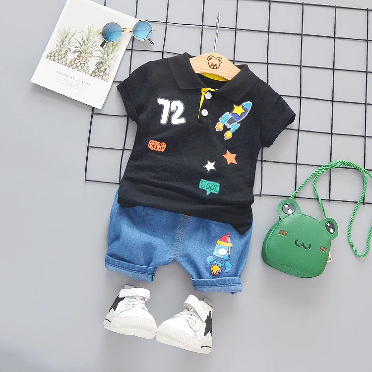 18 Month Boy Clothes Summer Rocket Turn Down Collar Short Sleeved T-shirts + Denim Shorts 2PCS Outfits Kids Bebes Jogging Suits |