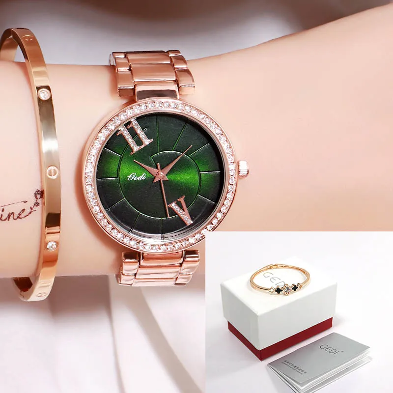 Rosegold green box GEDI модные элегантные женские часы с ремешком из сплава розового золота кварцевые наручные часы женские роскошные стразы уникальный дизайн часы с буквами - Цвет: Rosegold green box