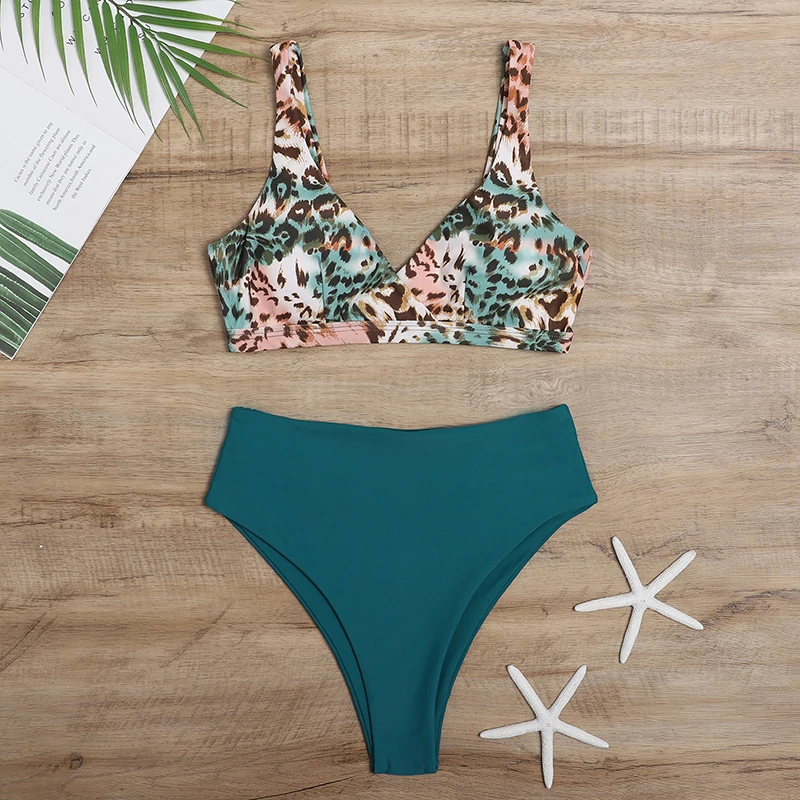 

Леопардовый комплект бикини с высокой талией, женский купальник из двух предметов, женская пляжная одежда, бикини, новинка 2021