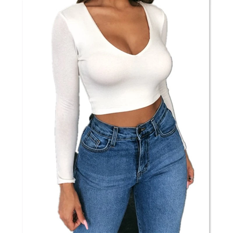 Осень весна укороченный топ Новые однотонные женские блузки и топы сексуальные v