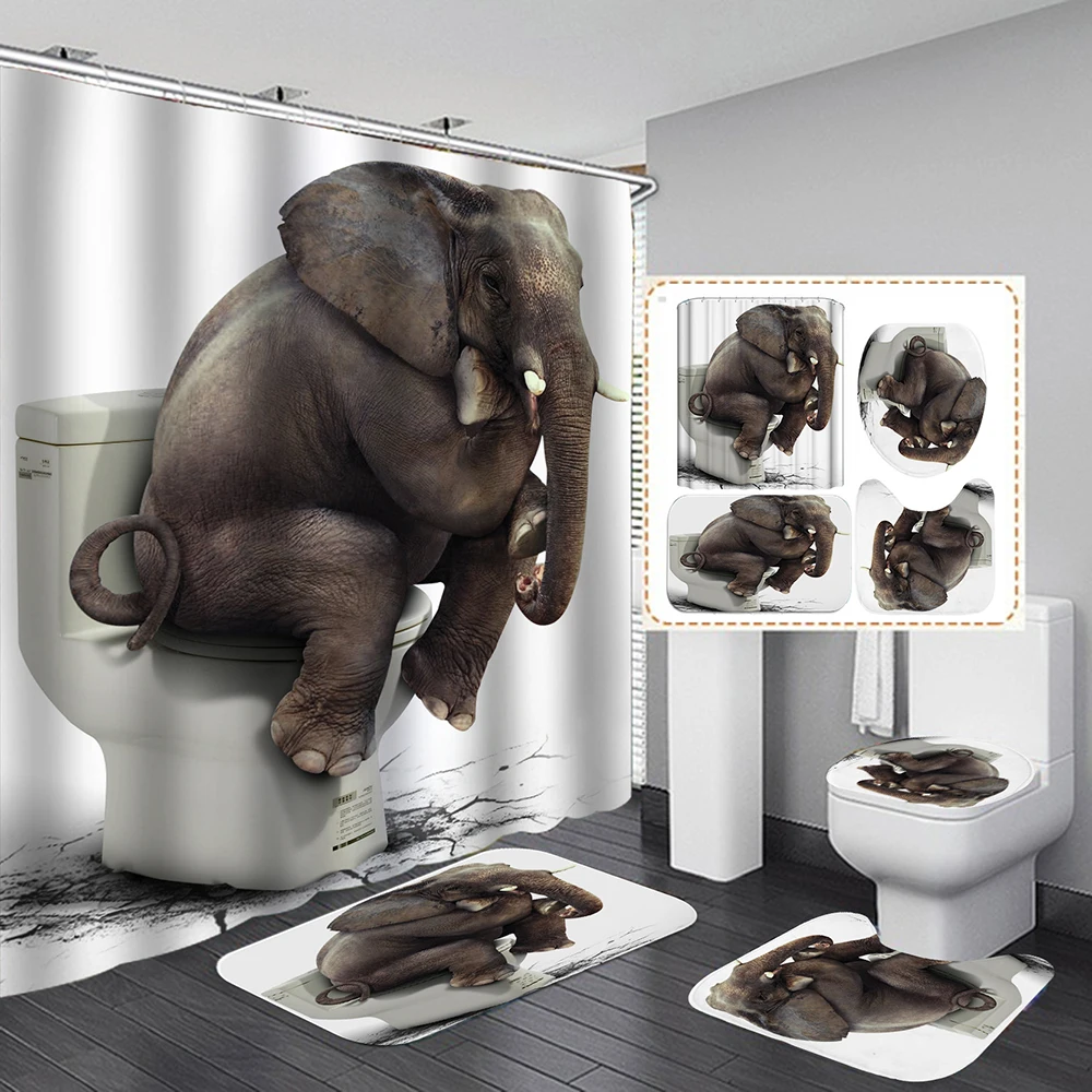 

Underwater Elephant Waterproof Shower Curtain 4 Piece Bathroom Set Carpet Cover Toilet Cover Bath Mat Pad Durable Fabric