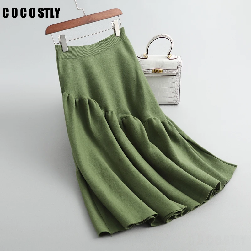 Зимняя юбка зеленая Гибкая эластичная высокая талия теплая шерстяная