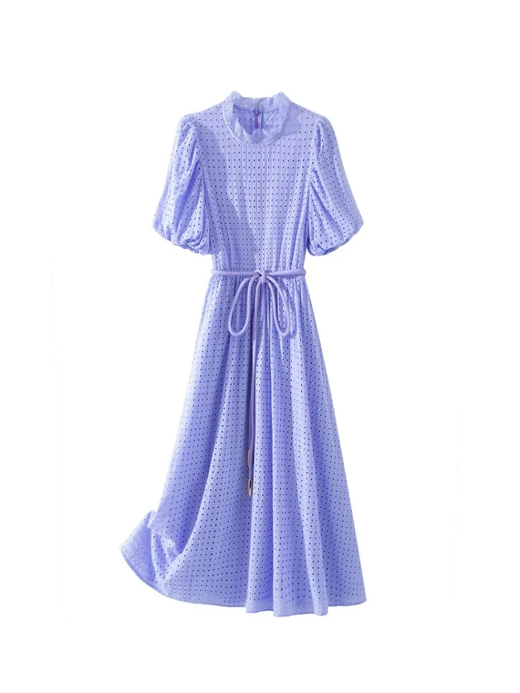 

Summer Ladies Cotton and Linen Embroidery Hollow Lace Elegant Pleated Dress 2021New Ladies' Short Sleeve Big Puff Skirt XL