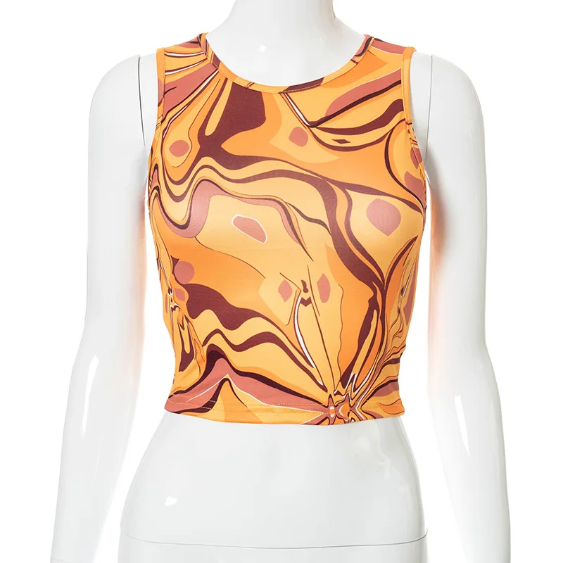 

New Vogue Summer Women's Round Neck Sleeveless Print Navel Revealing Slim T-shirt Women Tops