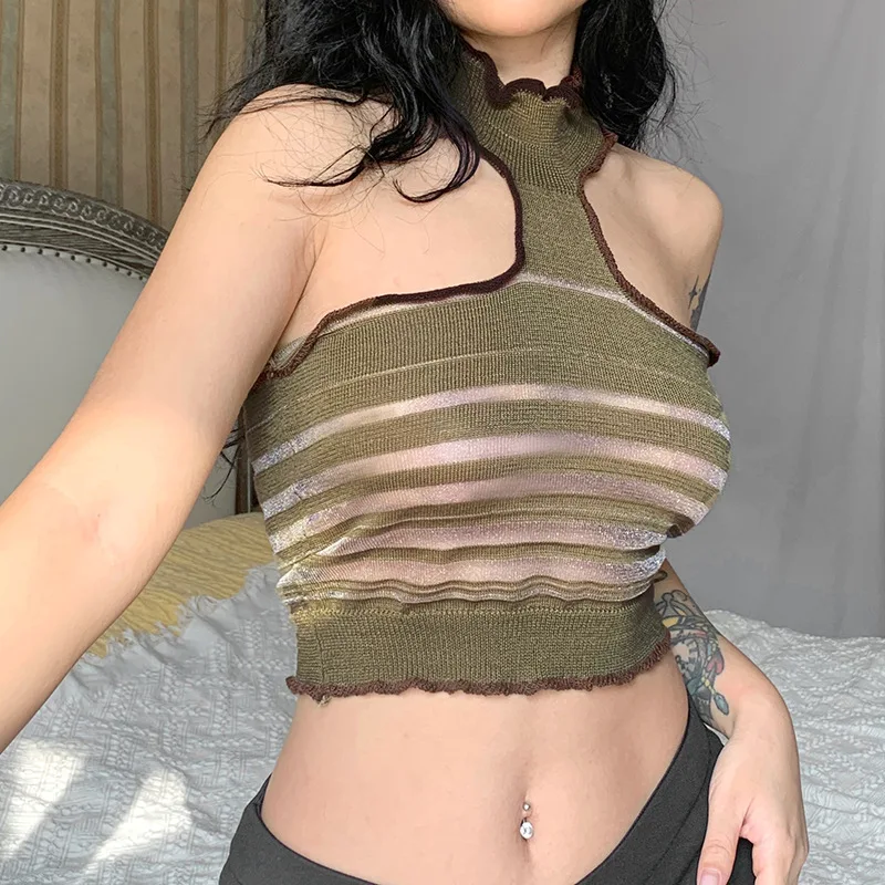 

Women Casual Camis Fashion Hot Girl Hollow Halterneck Vest Short Cropped High Neck Top Bottoming Shirt Trend Woman Clothing 2022