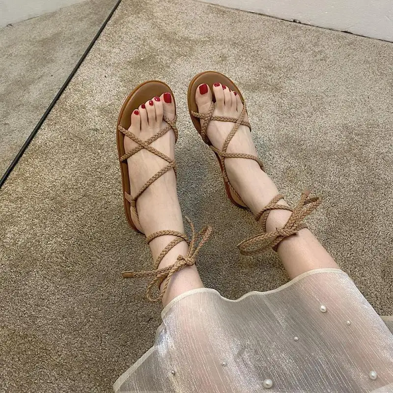 

Sandals Women's Shoes 2021 New Summer Ankle Bandage For Beach Flip Flops Wear Fashion Flats Sandalias Roman Bohemian Shoes Slide
