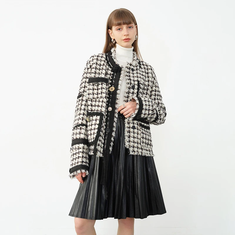 

fashion Loose Fit Black Plaid Tweed Big Size Jacket New Lapel Long Sleeve Women Coat Fashion Tide Autumn Winter 2021 new hot