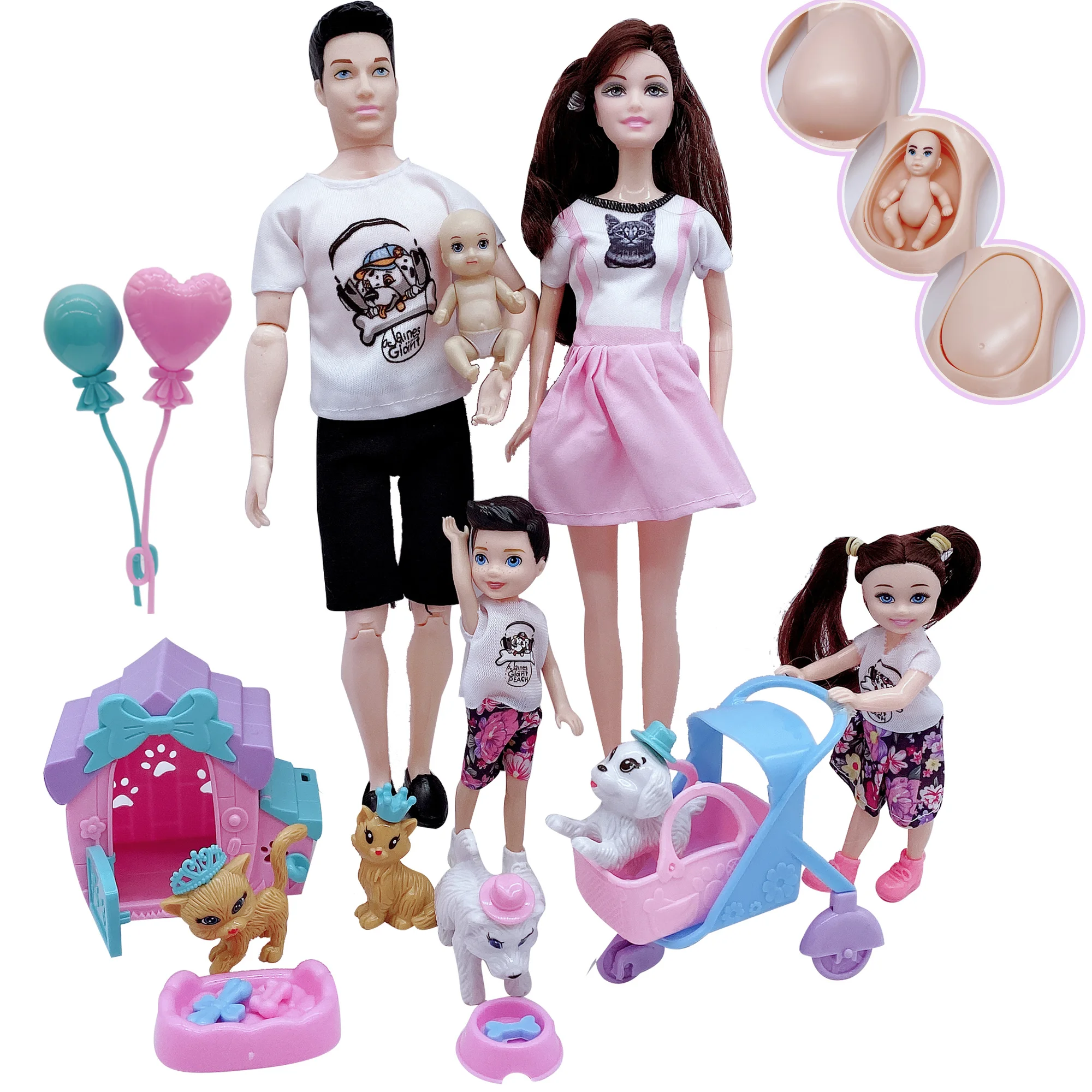 

5-person Family Combination 11.5 "+5" Doll/daddy/mother/girl/boy/pregnant Woman Puppy/kitten Game Children's Educational Toys