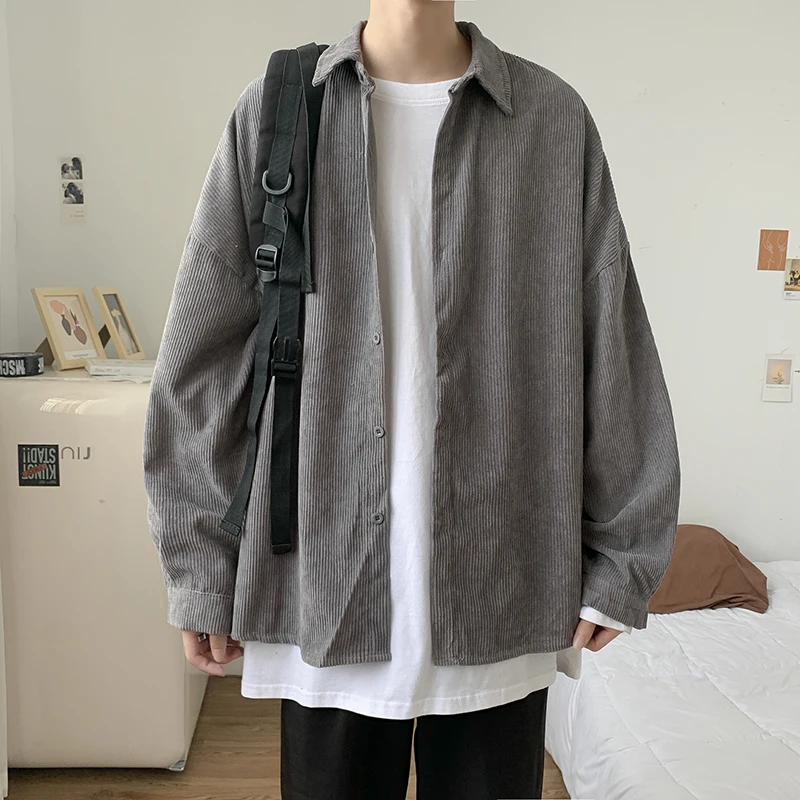 

Men Jackets Single Breasted Corduroy Turn-down Collar Long Sleeve Spring Fall Baggy Leisure Male Coats Safari Style Trendy Chic