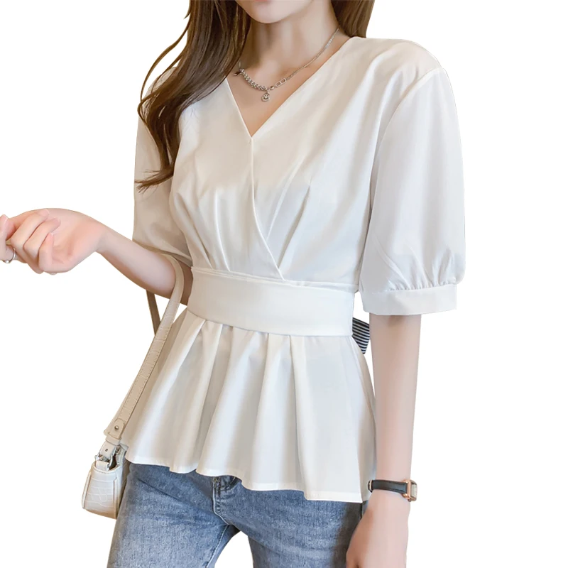 

Houthion New Short Sleeve Blouse Fashion Tops Summer Korean Casual V-neck Shirt Solid Color Bow Plus Size