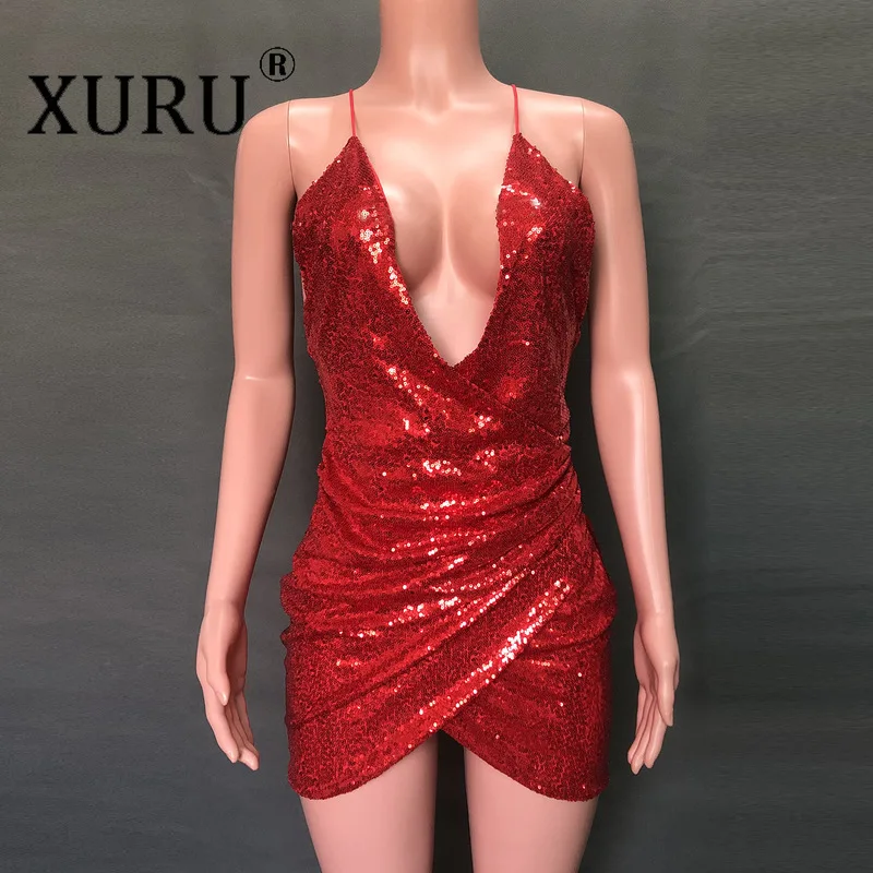 

XURU European and American Sexy V-neck Bag Hip Open Back Irregular Sequin Dress 2020 New Women's Sequin Dress