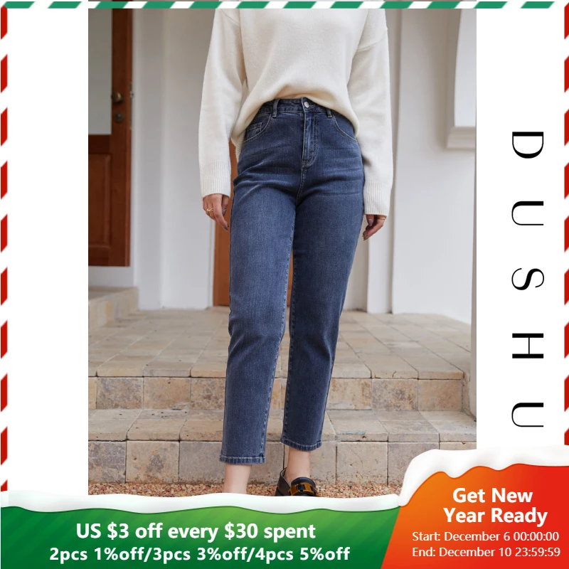

DUSHU Plus Size Blue High Waist Straight Jeans Women Casual Streetwear Denim Pants Female Winter Vintage Boyfriend Skinny Jeans