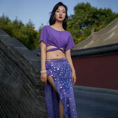 

2020 new arrival belly dance practice suit female beginner double split fork dress Oriental Dance Show Clothes Sequin Long Skirt