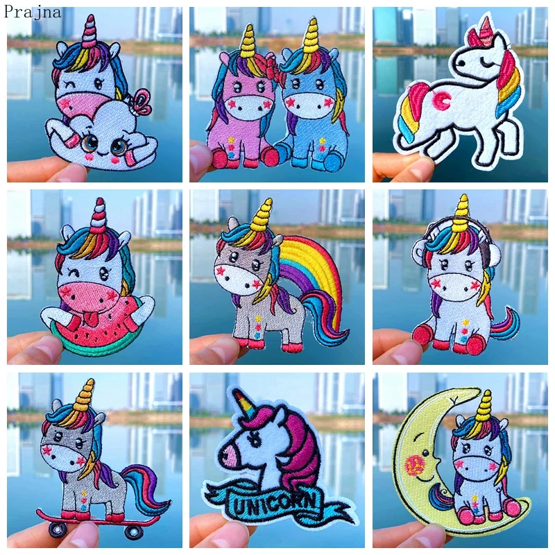 

Prajna Rainbow Patch Unicorn Patches For Clothing Stripe Cartoon Embroidered patches For Clothes Kids Iron On Anaimal Sticker