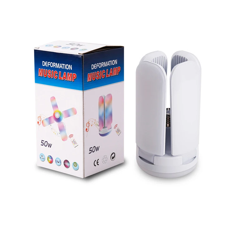 

Bluetooth Music Fan Light 50W E27 RGB Bluetooth Music Ceiling Lamp LED 4Leaves Deformed Bulb Lamp Music Remote Control Lamp Bulb