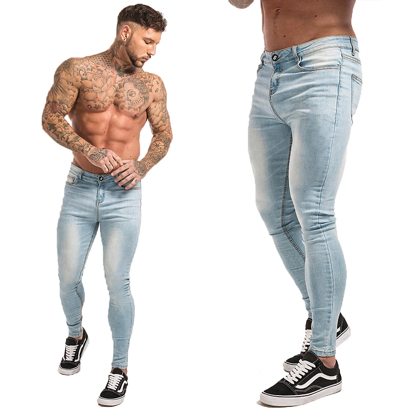 

GINGTTO Jeans Men Elastic Waist Skinny Jeans Men 2020 Stretch Ripped Pants Streetwear Mens Denim Jeans Blue