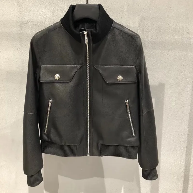 

Woman Coats Natural 100% Sheepskin Leather Jackets Female Round neck Natural Sheepskin Leather Overcoat Leather H815