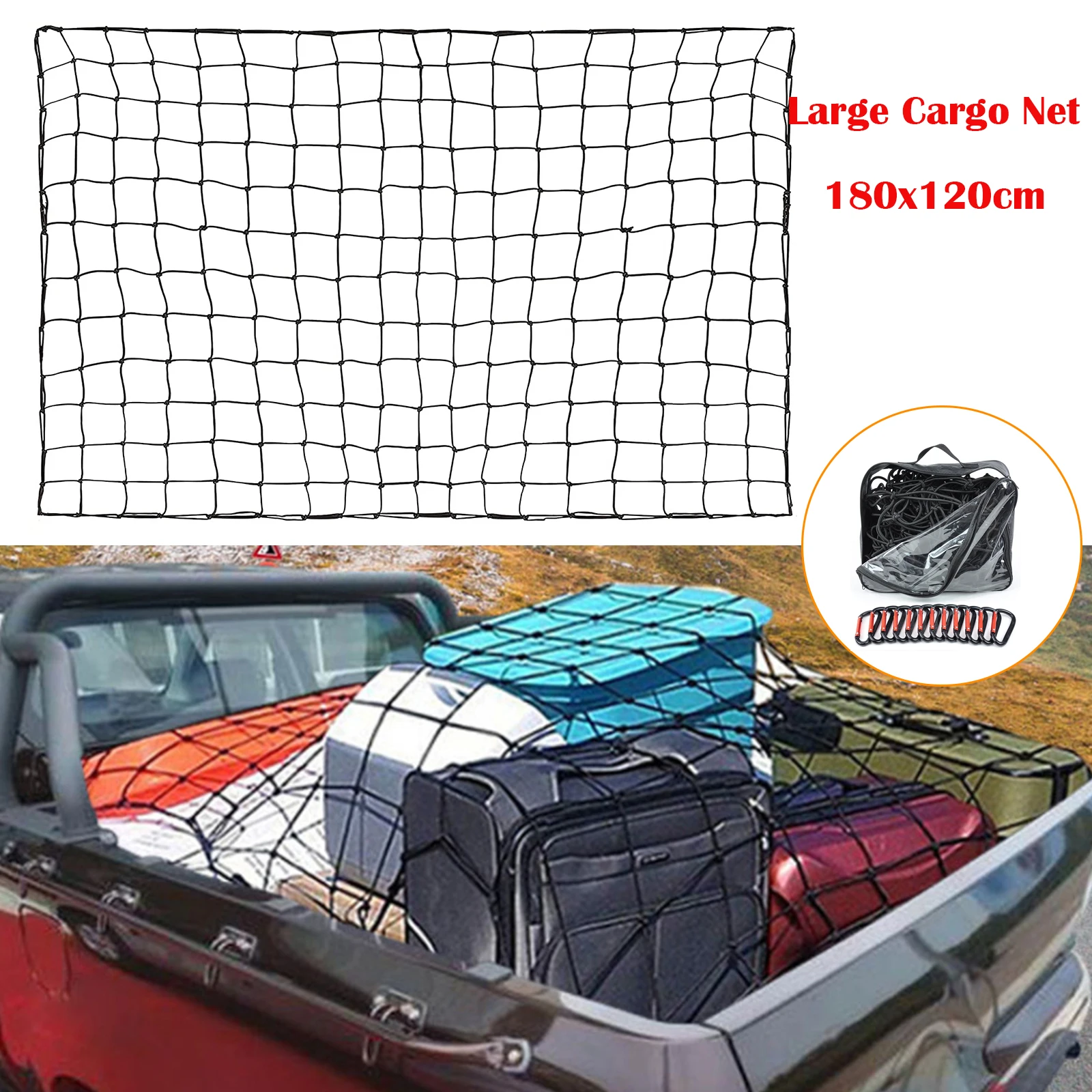 

New Style 180x120cm Cargo Nets For Pickup Trucks Heavy Duty Truck Bed Net With 12Pcs Metal Carabiners Hooks Bungee Netting