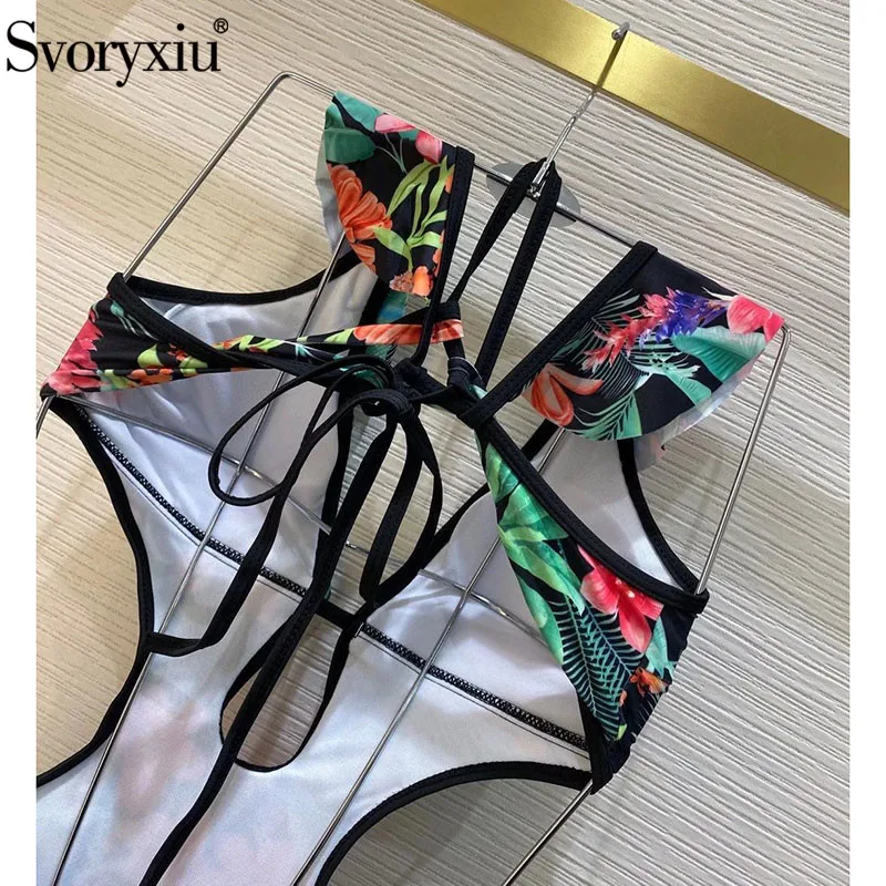 

Svoryxiu Designer Summer Sexy Backless One Piece Swimsuit Women's Flower Print Ruffles Bikini Swimwear Bathing 2021