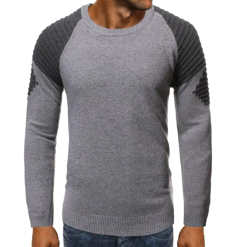 

Mens Striped Jumper Sweater Men Gray Knitted Sweater for Men Tops Pullovers Patchwork sleeve O-neck New arrival