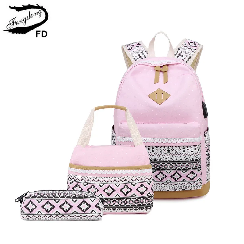 pink FengDong/3 шт./компл., детский рюкзак в этнический горошек, школьные сумки для девочек-подростков, сумка-карандаш, набор, рюкзак для студентов, подарок для девочек - Цвет: pink