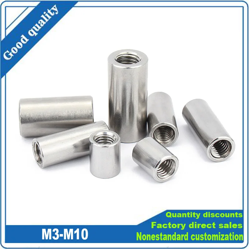 

2/10pcs M3 M4 M5 M6 M8 M10 304 Stainless Steel A2-70 Extend Long Lengthen Round Coupling Nut Connector Joint Sleeve Tubular Nut