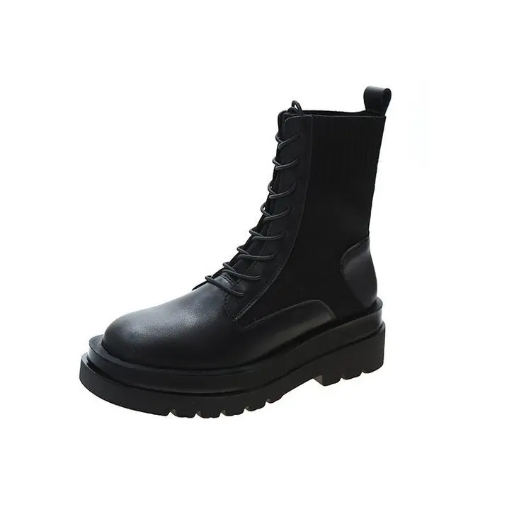 

fall 2020 British style handsome short Knitted boots women's new boots thick bottom lace up motorcycle single boots ins
