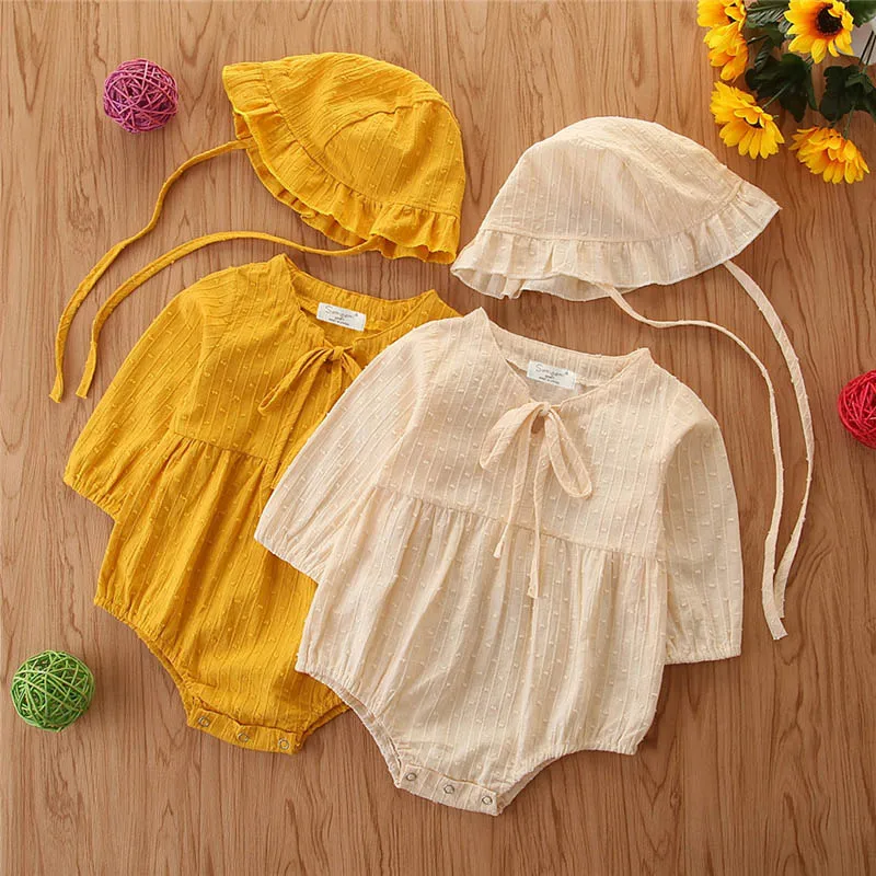 2Pcs/set Romper Cute Baby Girls Long Sleeve Pompom Hat Clothes Outfits Set Solid Print Bodysuit | Детская одежда и обувь