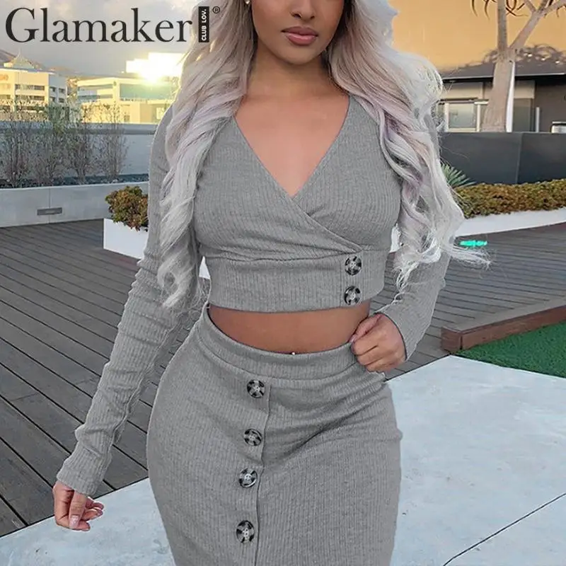 Glamaker вязаный костюм из двух частей сексуальное платье зимнее женское с v-образным вырезом элегантное платье миди осенние вечерние Клубные платья с длинным рукавом облегающее платье