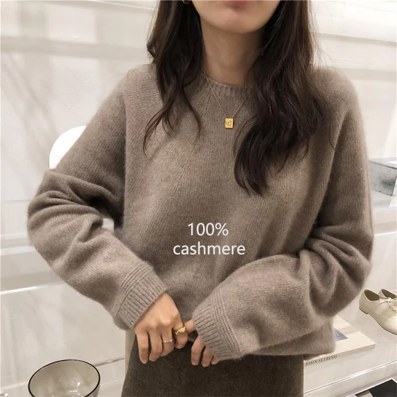 2021 Autumn Winter Cashmere Sweater Women Fashion Round Neck Sweater Loose 100% Wool Sweater Batwing Sleeve Plus Size Pullover