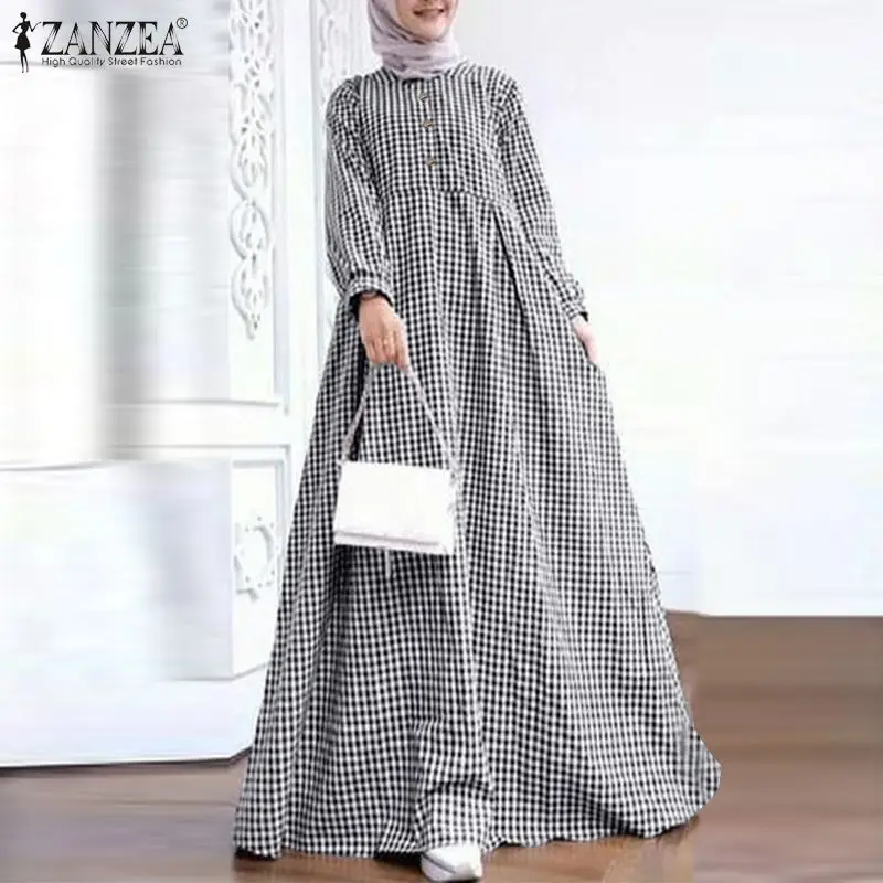 

Stylish Muslim Long Dress 2021 Spring Autumn Fashion ZANZEA Elegant Casual Button Plaid Long Sleeve Kaftan Dubai Abaya Plus Size