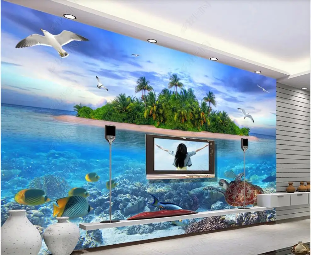 

3d обои с изображением голубого неба и белых облаков, моря, островка, комната, домашний декор, пользовательские фото обои на стену, наклейки д...