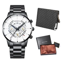 men classic black watch high quality quartz movement white dial practical leather wallet birthday christmas gift set for husband