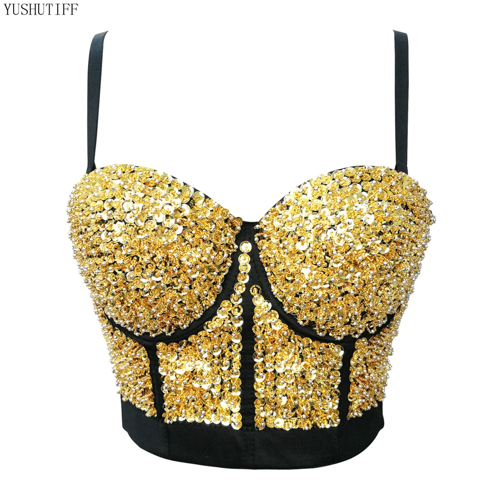 

Sexy Bright Beading Sequins Nightclub Push Up Bralette Bra Cropped To Wear Out Corset Tops Female Camis Crop Top Mujer Clothes