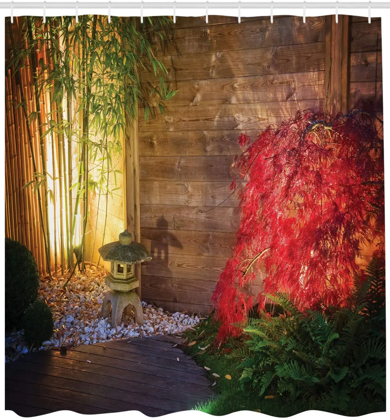 Садовая занавеска для душа японский каменный фонарь и красное кленовое дерево в