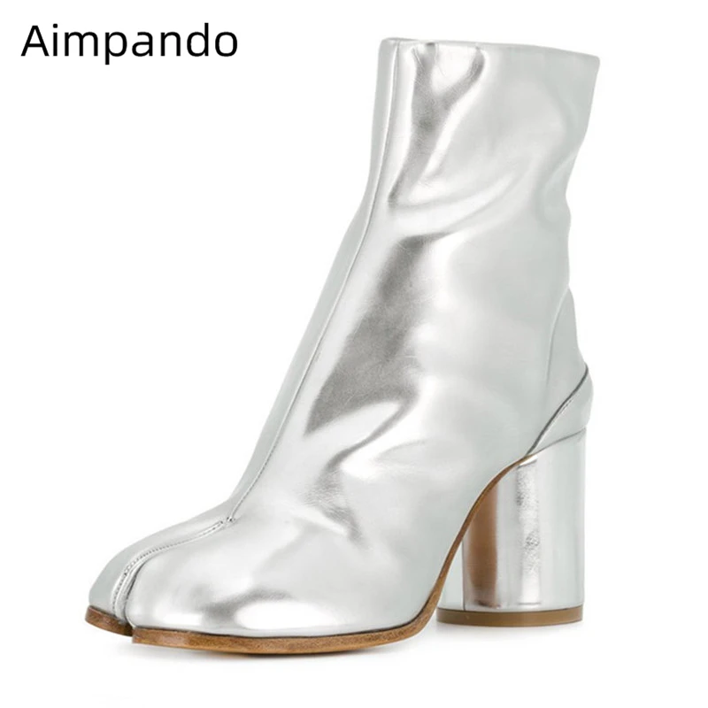 New Autumn Stretch Ankle Boots Novelty Split Toe Boots Women Cozy Round Heel Genuine Leather Riding Booties Fashion Short Botas