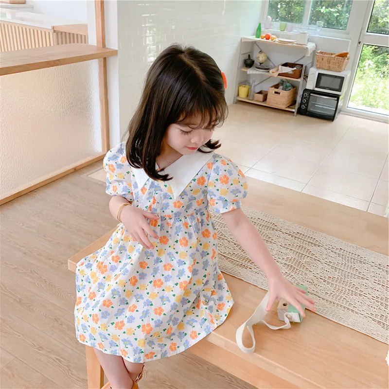 

Новые летние повседневные платья для девочек 2021 в Корейском стиле; Летняя одежда для детей Платья с цветочным принтом; Одежда для детей с ко...