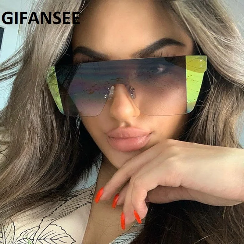 

GIFANSEE Oversized Square women Sunglasses rimless One-pieces flat top men eyewear brand vintage luxury designer uv400 shades