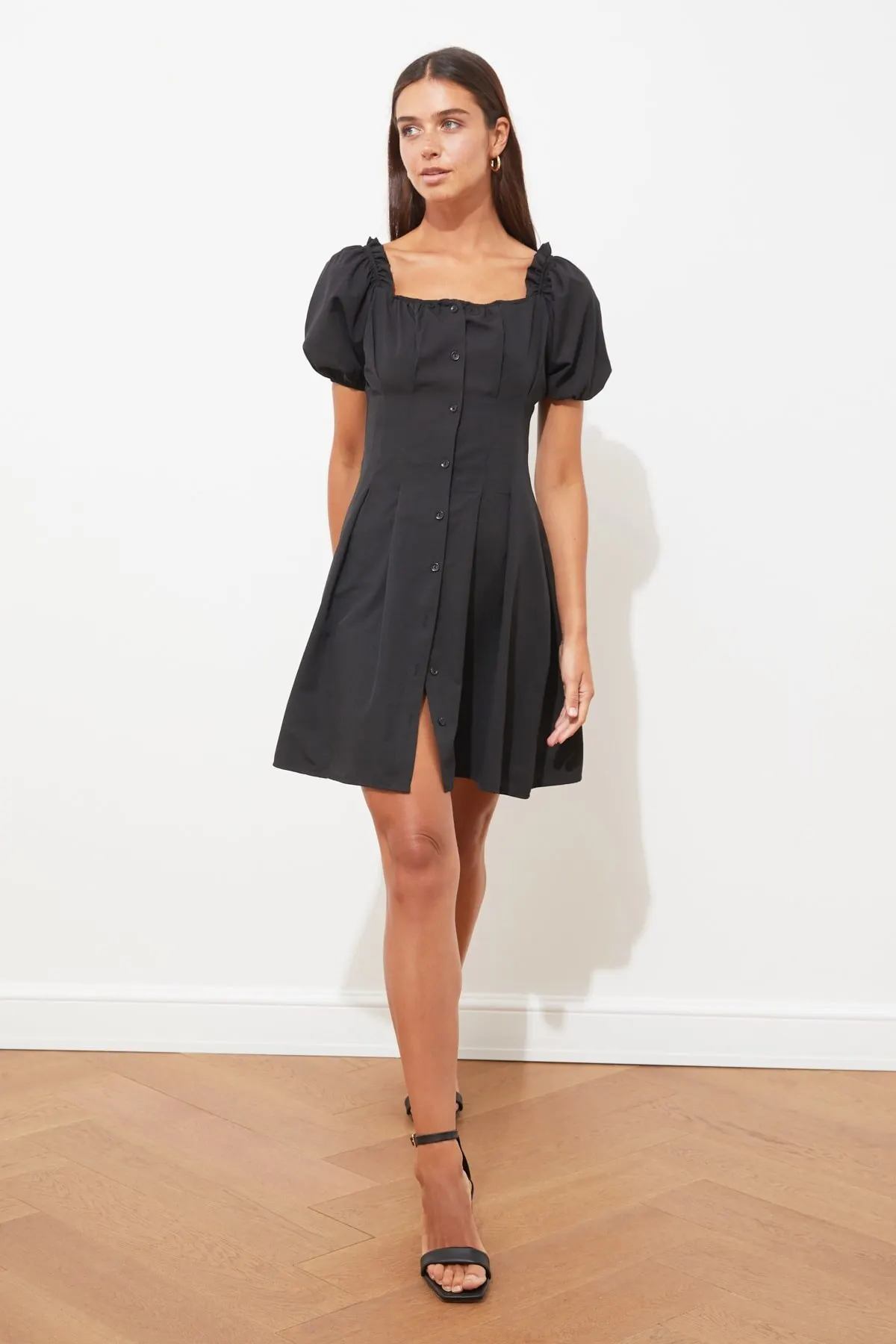 

Women Black Button Square Collar Dress