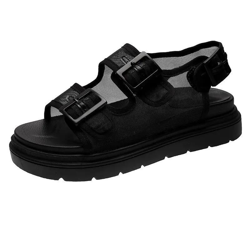 

Beach Sandal Woman Luxury Round Toe Low-Heeled Shoes With Strap 2021 Summer Suit Female Beige Med Low-heeled Fashion Black Flat