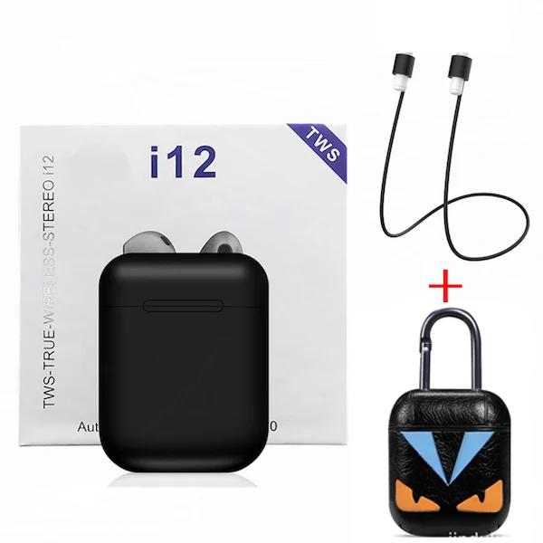 Black - Leather case I12 TWS, оригинальные беспроводные Bluetooth наушники, беспроводные, авто сопряжение, спортивные наушники с наушниками, аксессуары для i7s i10 TWS - Цвет: Black - Leather case